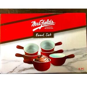 Mrs Fields Premium Bakeware Bowl Set of 6 Red/White w/Handles Oven Safe to 450°F